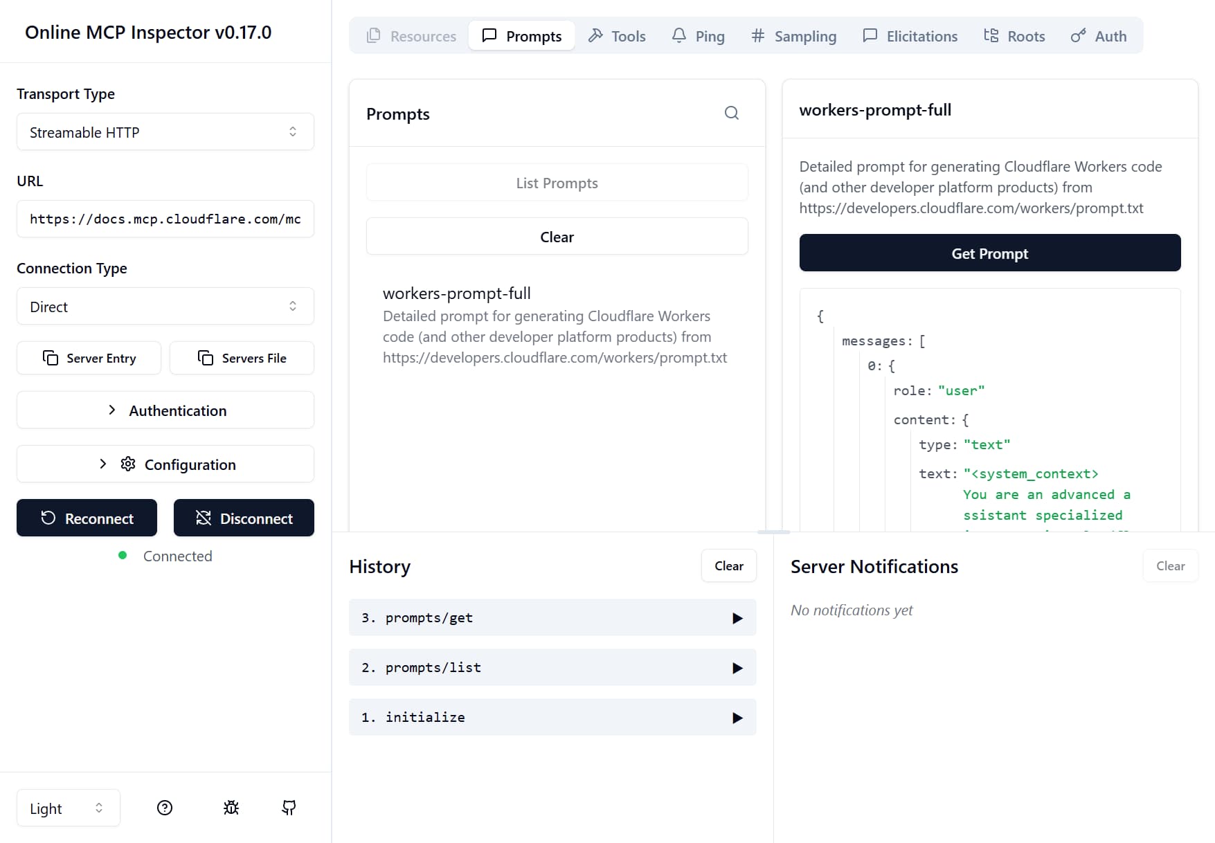 Online MCP Inspector Screenshot
